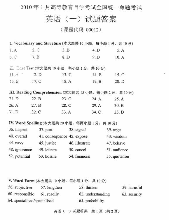 全国2010年1月自考英语（一）试题答案